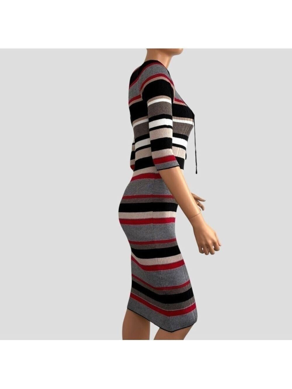 Pink Rose Women’s Rib Knit Midi Dress Lace-up Striped Stretchy Sz S/P Y2K Indie - Picture 5 of 10